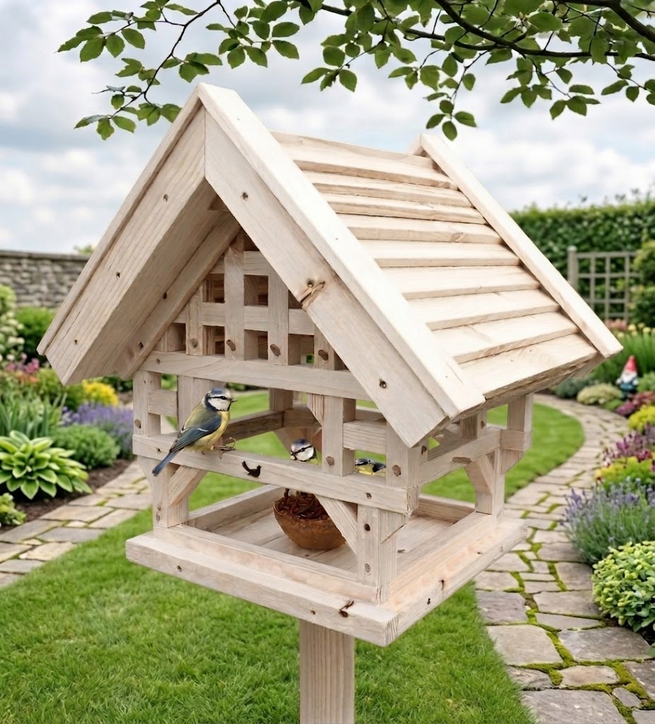 Vogelhaus / Vogelfutterhaus "Vogelvilla" im Fachwerkhausstil (50 x 51 x 46cm) - Bauanleitung als PDF